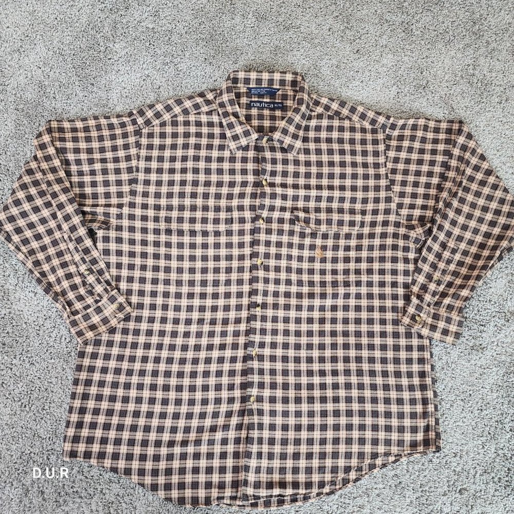 Vintage Nautica Shirt Men's XL‎ Brown Tan Striped Long Sleeve Casual Pocket Logo